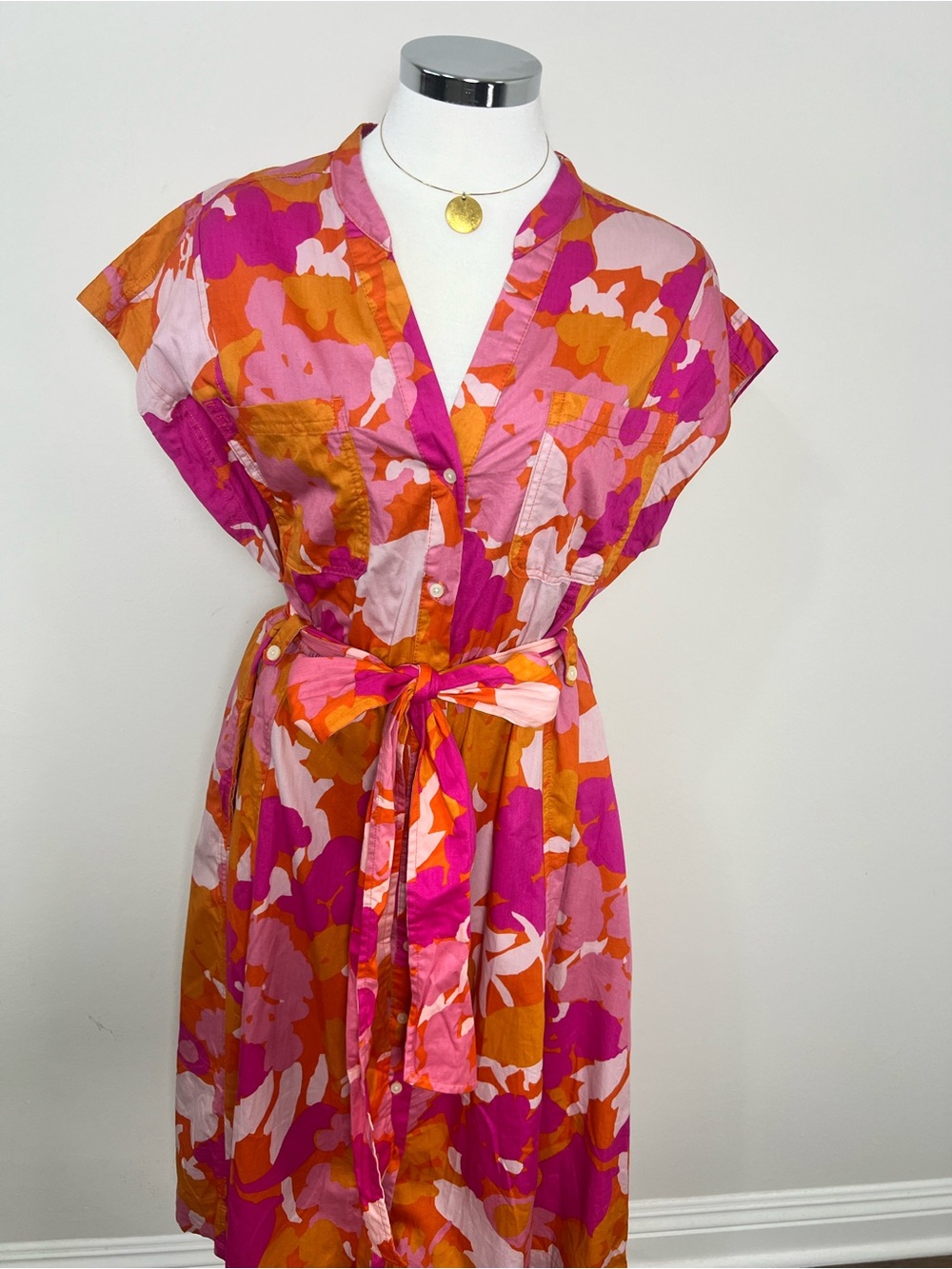 Free Assembly Women's Belted Midi Dress Size L Pink Orange Floral 100% Cotton - Picture 2 of 11